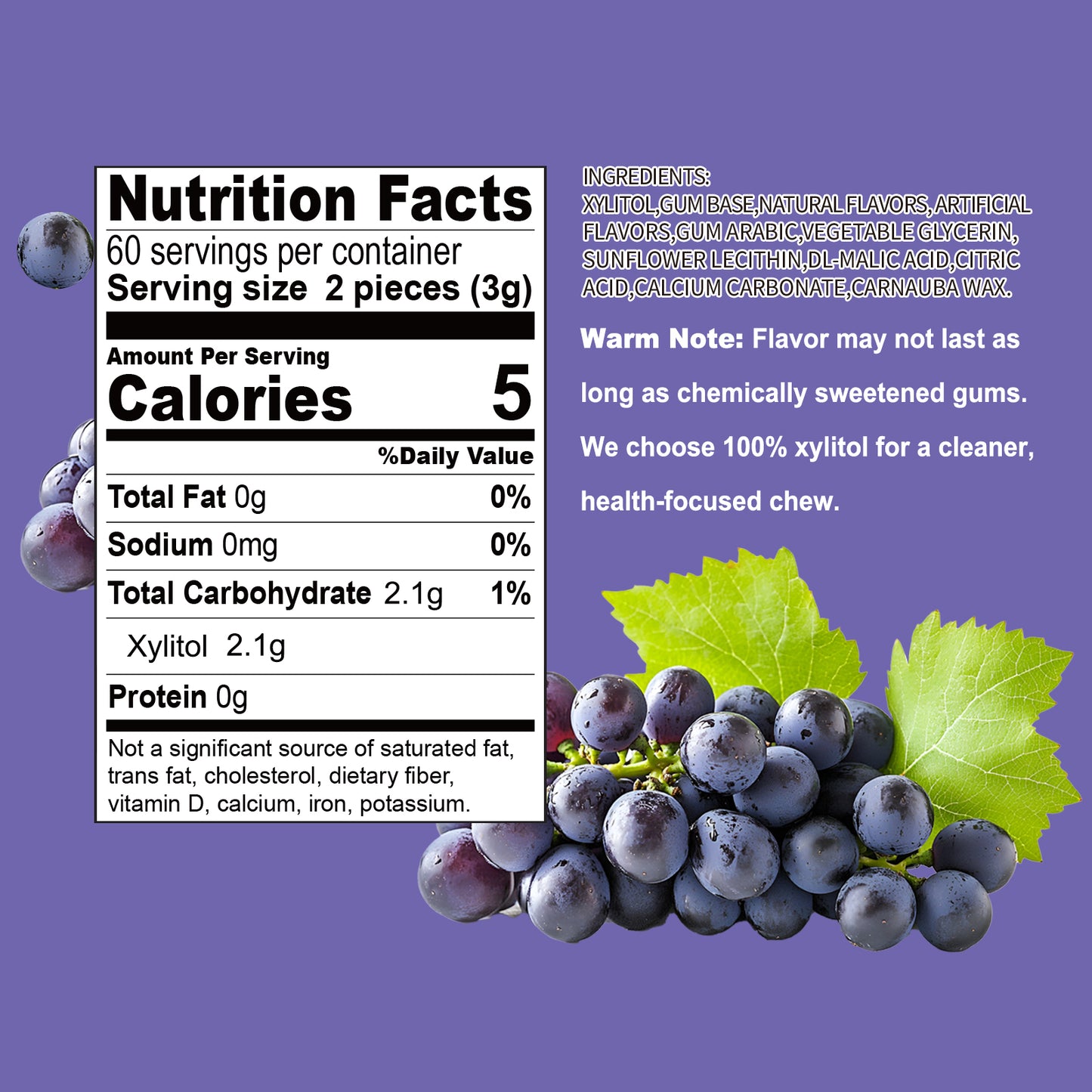 100% Xylitol Sweetened Gum Grapes Flavor (pack of 2)