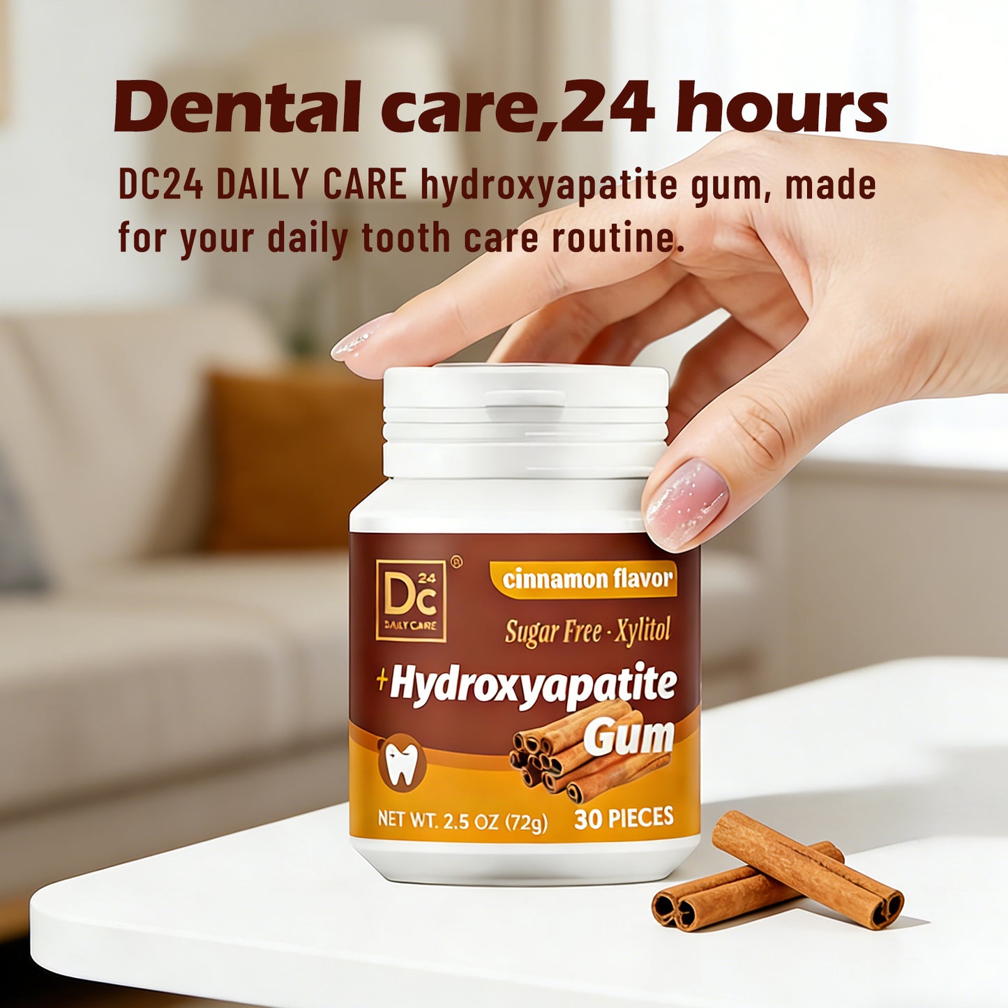 DC24 DAILY CARE Remineralizing Gum with Hydroxyapatite and Xylitol, Sugar Free Gum, Aspartame & Sucralose Free Dental Gum, Supports Fresh Breath and Oral Health, Cinnamon Flavor 30 Count (Pack of 3)